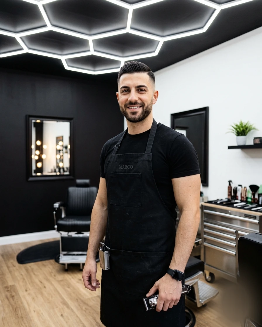 Marco, il fondatore di Mr Barber, nel suo salone a Quartu Sant'Elena